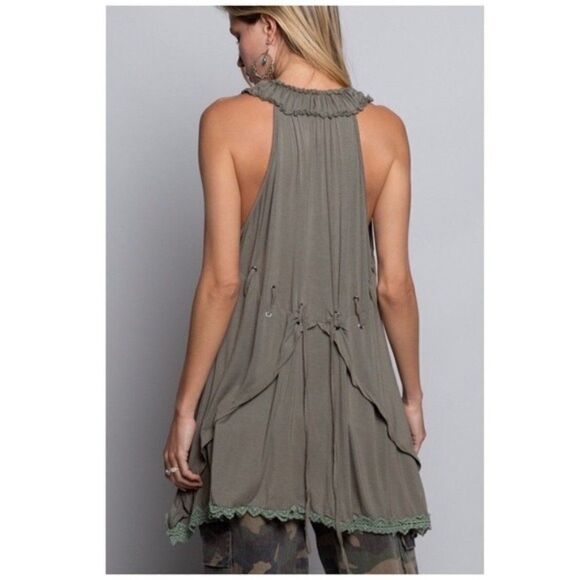 tunic Top with Ruffled Lace Up Olive Sleeveless - Picture 2 of 15